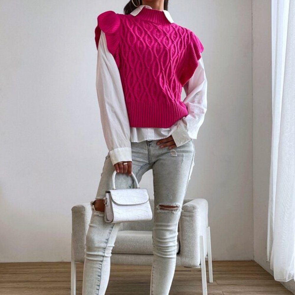 CHIC DOLLZ Cable Knit Ruffle Trim Sweater Vest PI - Picture 2 of 6